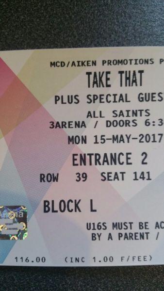 2 seated tickets for Take That 15th May