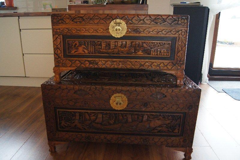 set of 2 Antique Hand-Carved Camphor Wood Chest