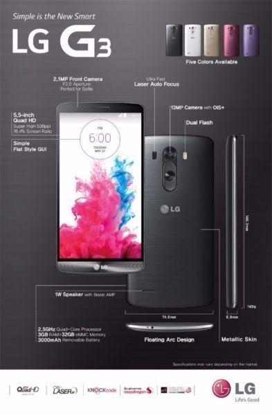 Band New LG G3 D855 Original Unlocked Metallic Black, 3GB RAM 32GB Smartphone