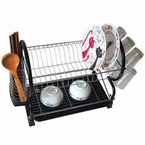 2 Tier Chrome Plate Dish Cutlery Cup Drainer Rack Drip Tray Plates Holder (Black)