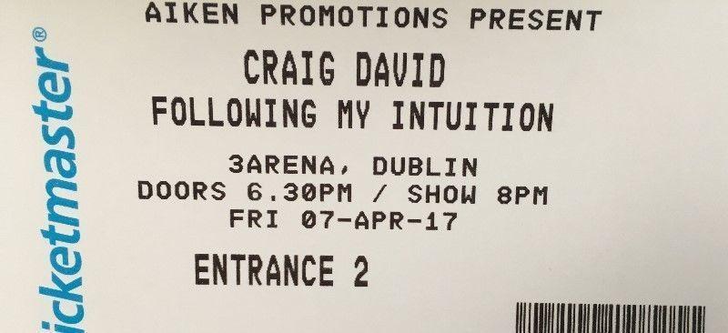 CRAIG DAVID 3 ARENA 7th APRIL 2 SEATED TICKETS