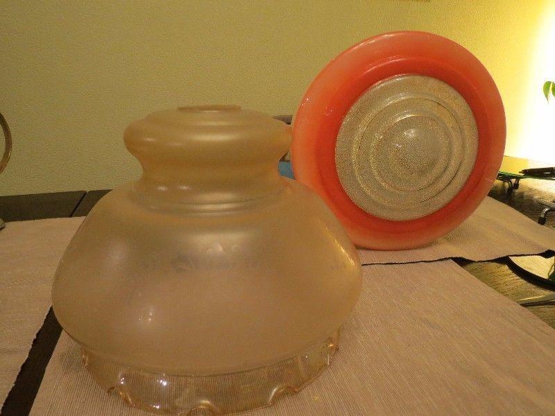 Two retro glass lampshades and twoside lights with retro glass shades
