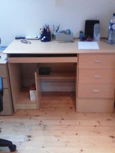 3 AS NEW OFFICE DESKS FOR SALE & ONE STATIONERY CUPBOARD AND A FABRIC SWIVEL CHAIR