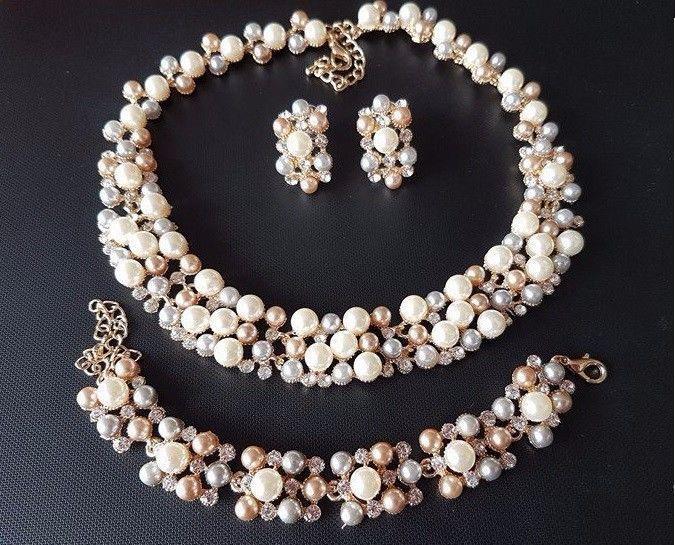 Luxury Pearl Jewellery Set (New) Necklace + Bracelet + Earrings