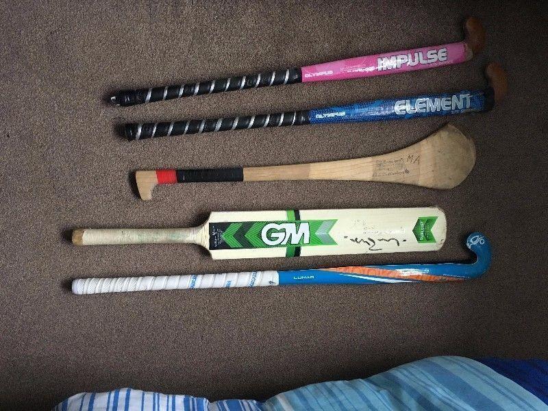3 Hockey sticks, Hurley and Cricket bat for sale
