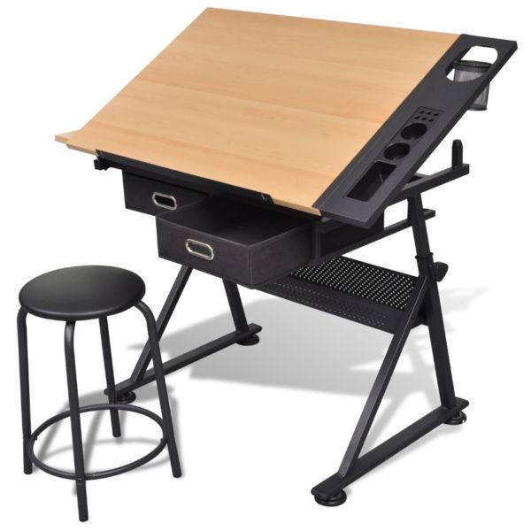 Two Drawers Tiltable Tabletop Drawing Table with Stool(20087)