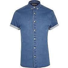 mens fashion stiching summer denim double chest pockets short sleeve slim fit casual shirt