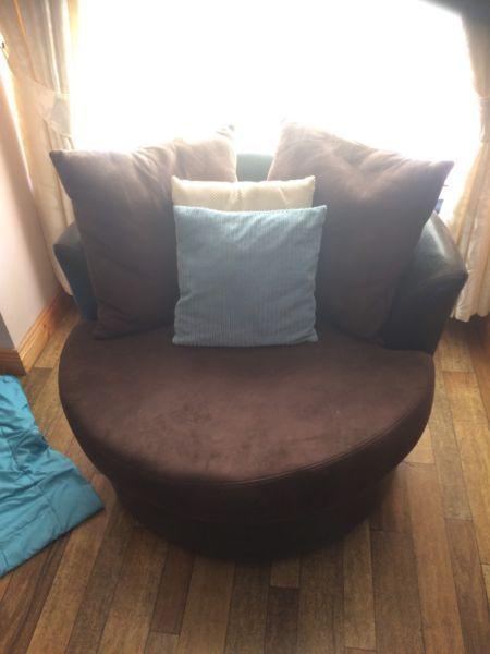 L shaped couch and swivel chairs x2