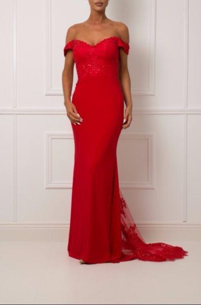 Cari's Closet - Red Debs Dress (Bardot Lace Train) with Belt
