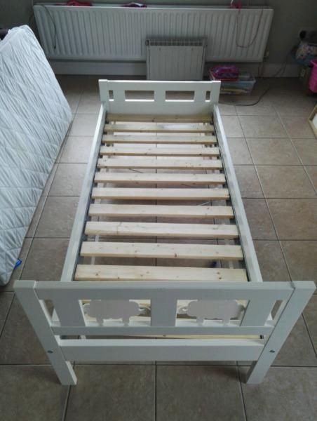 Child's IKEA wooden white bed and mattress with washable cover