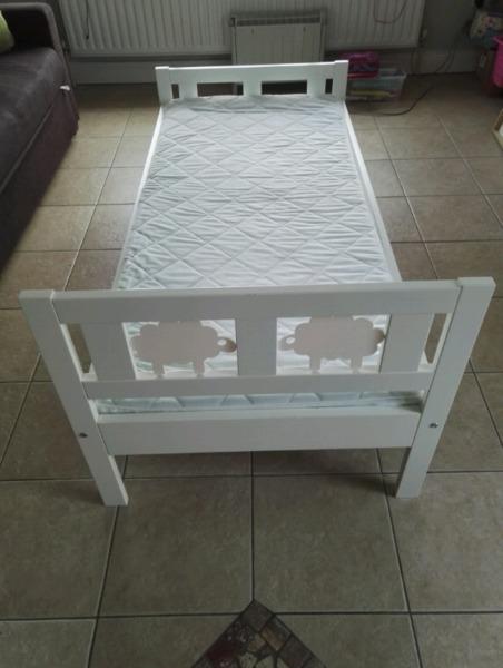 Child's IKEA wooden white bed and mattress with washable cover