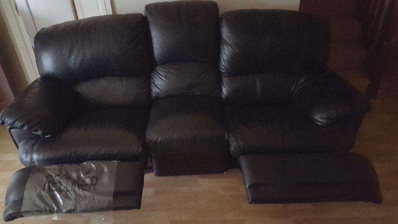 3 seat leather recliner sofa and 2 x recliner chairs