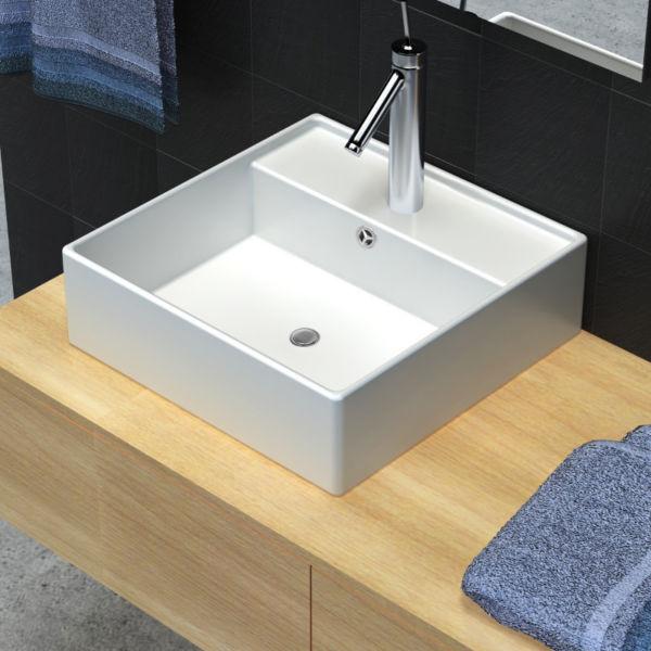 Bathroom Basins:Ceramic Basin Square with Overflow and Faucet Hole 41 x 41 cm(SKU40684)