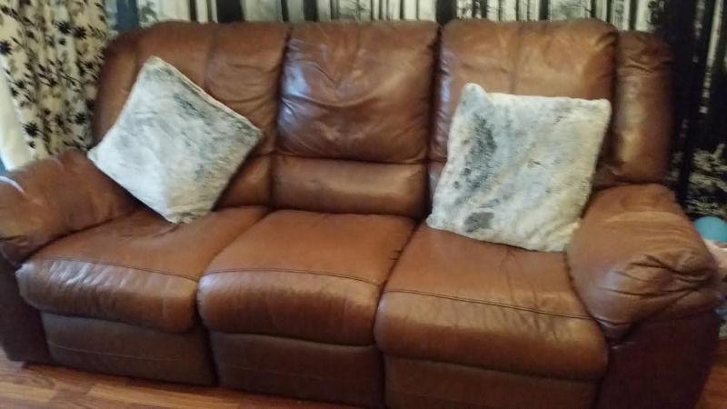 *** Quality soft leather settee + chair - recliners - ***