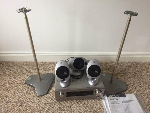 Denon surround sound amp 3 Kef egg speakers and 2 stands