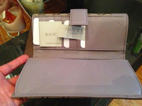 Gucci GG wallet with lilac leather and stirrup charms