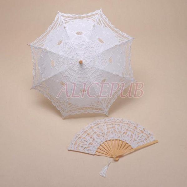 Handmade cotton lace parasol umbrella and hand fan party wedding decor