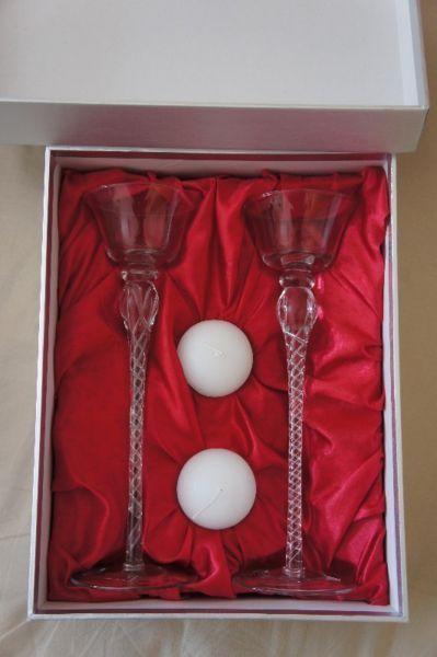 Unused Dolce Verre elegant candle holders with candles