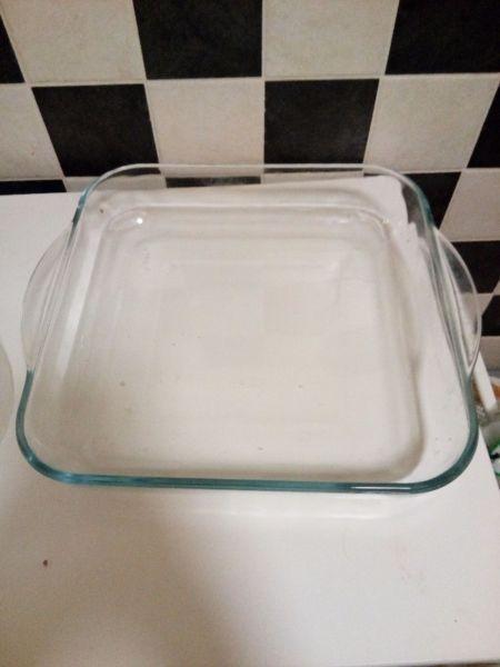 PyroFlam cooking pot with glass lid and square pyrex dish with a free vegitable steamer