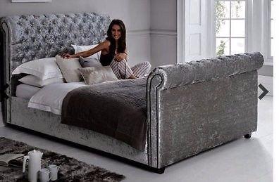 Brand new crushed velvet sleigh beds in silver