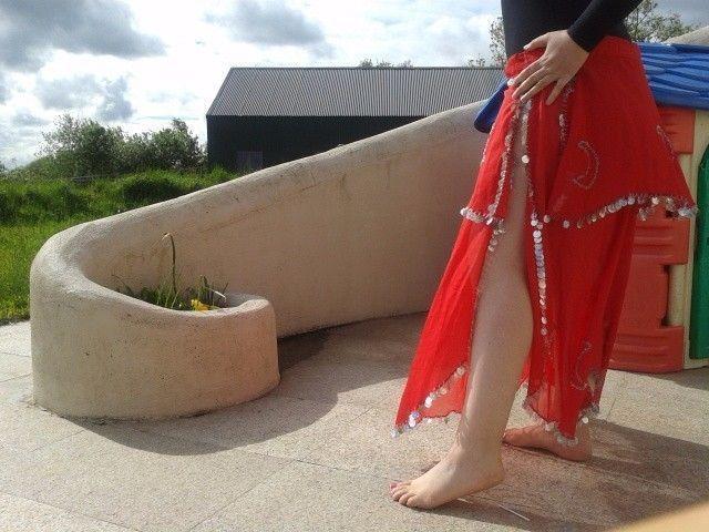 Red Bellydance Skirt, with Slit and Sliver Sequins