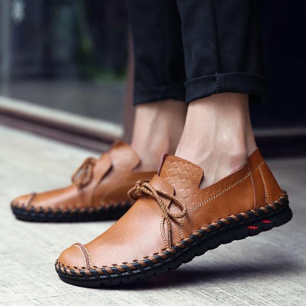 men casual flats leather outdoor lace up soft round toe oxford