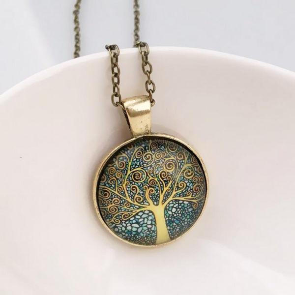 Vintage glass round tree of life faith moonlight tree charm necklace
