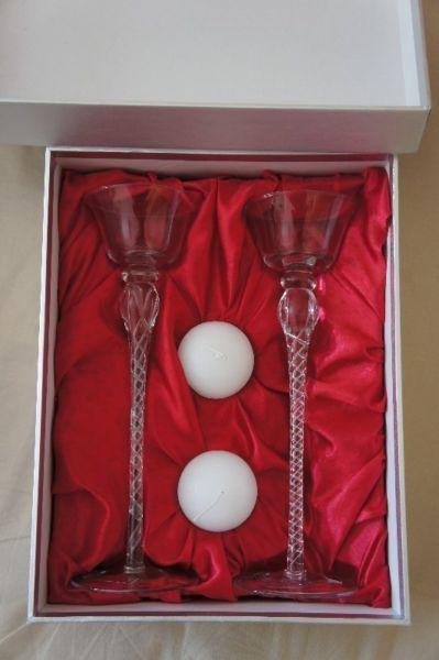 Unused Dolce Verre elegant candle holders with candles, in the box