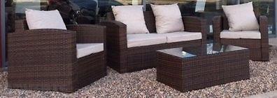 Rattan Garden Furniture 4 Piece Brown/Beige Set Sofa, 2 Chairs & Table