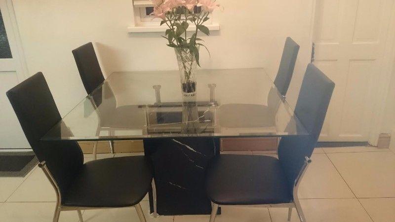 Dining Table, Glass/Marble with 4 chairs