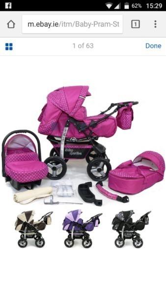 Pink buggy carry cot part only used includes the carry cot car seat baby bag and all accessories