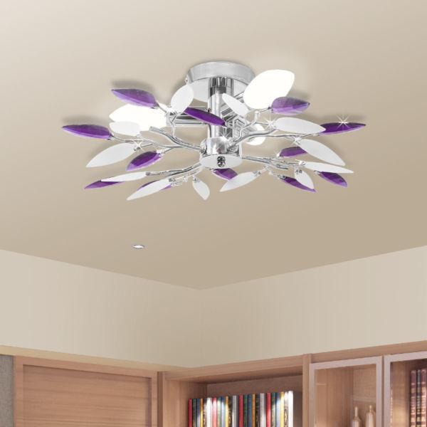 Ceiling Lamp White & Purple Acrylic Crystal Leaf Arms 3 E14 Bulbs(SKU240981)