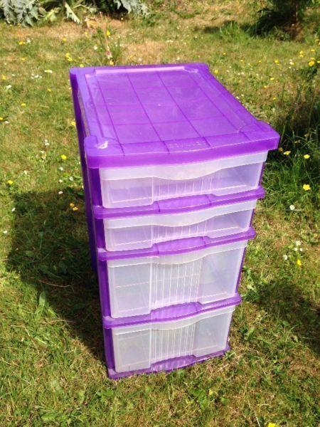 Plastic drawer storage unit for bedroom or bathroom (purple and clear)