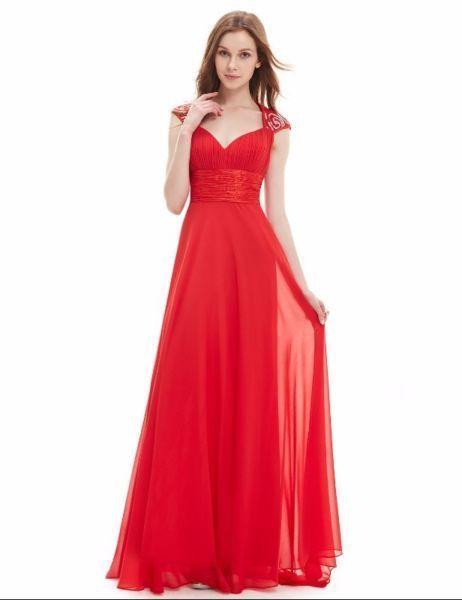 V-NECK RED SEQUINS CHIFFON RUFFLES EMPIRE LINE EVENING DRESS