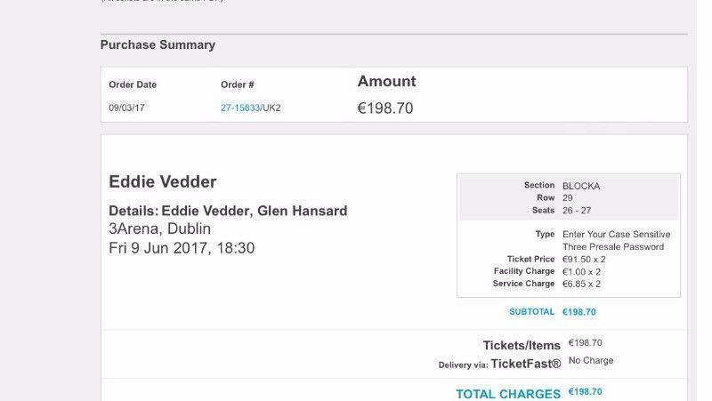 Eddie Vedder Dublin - 2 tickets, face value