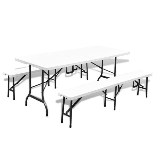 Outdoor Furniture Sets : Foldable Garden Table Set with 2 Benches HDPE White 180 cm(SKU41570)