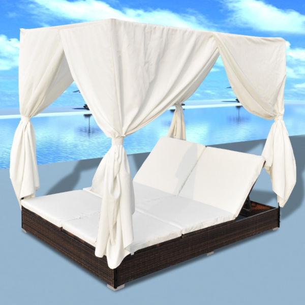 Sunloungers : Luxury Outdoor Brown Poly Rattan Sun Lounger 2 Persons with Curtain(SKU41357)