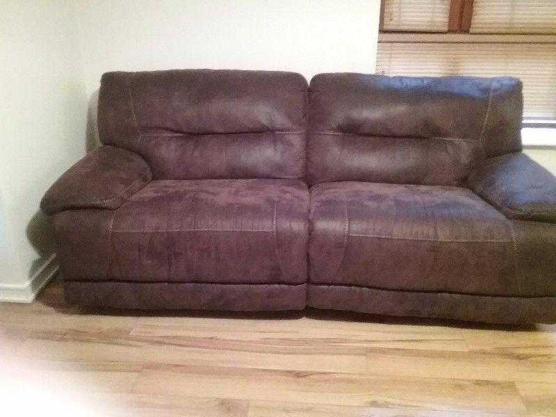 3 Seater Brown Faux Suede Reclining Sofa (as new)
