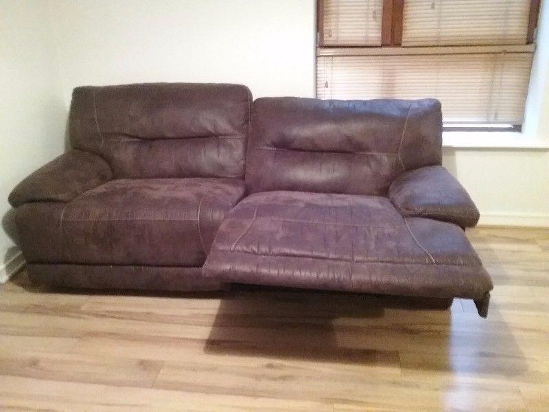 3 Seater Brown Faux Suede Reclining Sofa (as new)