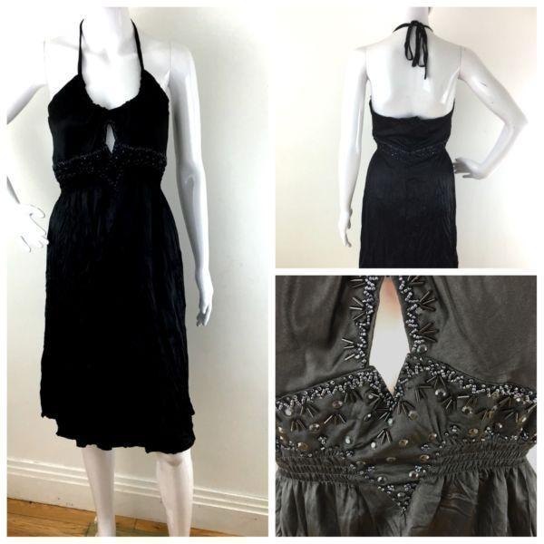 100%Silk Halter Straps Calf Length Dress Black 12
