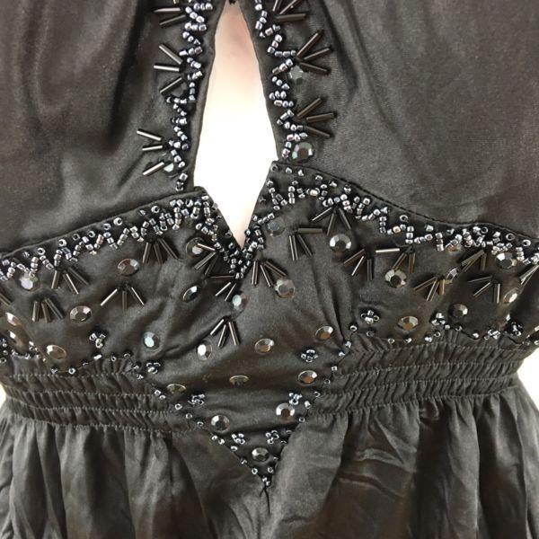 100%Silk Halter Straps Calf Length Dress Black 12