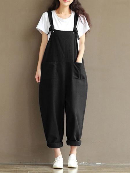 Casual women loose strap pocket jumpsuit trousers