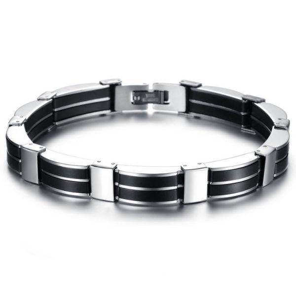 Black silicone silver stainless steel chain wristband bracelet for men