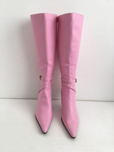 Women's Knee High Pink Stiletto Pointed Toe Boots Size 6/7