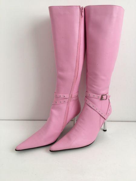 Women's Knee High Pink Stiletto Pointed Toe Boots Size 6/7