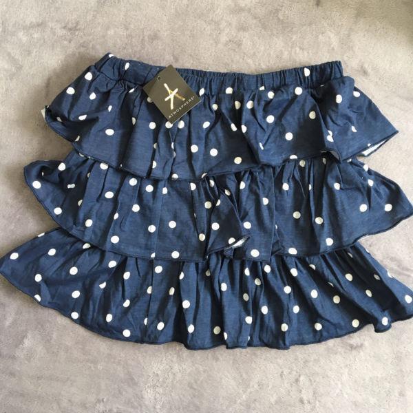 BNWT Ladies Navy Polka Dots Ruffled Mini Skirt Size12
