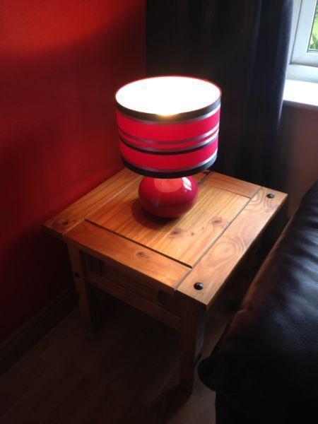 Oak/ Glass corner unit, table lamp & table
