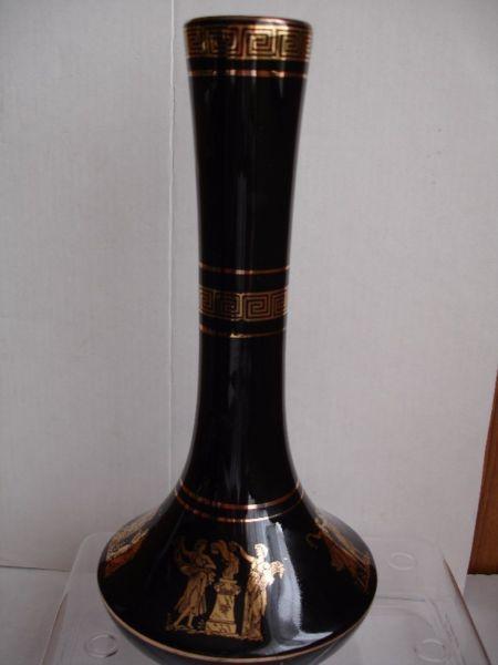 Vintage Greek Hand Made Black Trim Bud Vase, with 24 K Gold