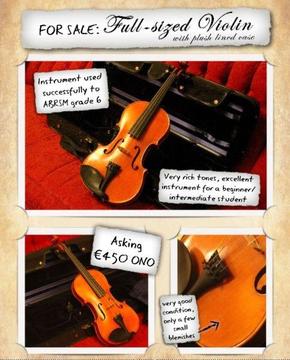 Full-sized Violin & case, lovingly cared for, beautiful tones. Asking