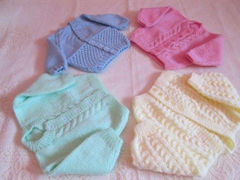 hand made knitted baby cardigans, hat sets, christening set, cardigan hat sets, hoodies & blankets